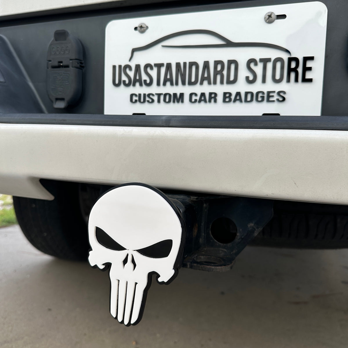 Punisher style skull hitch cover emblem for truck exterior accessory