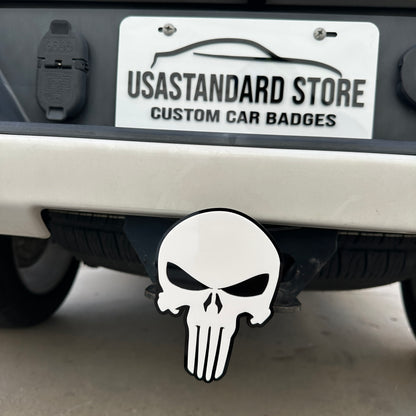 Black and white Punisher skull trailer hitch cover for vehicle styling