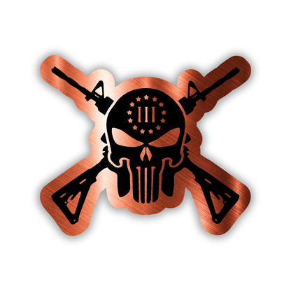 Skull gun car emblem with crossed rifle design for automotive exterior