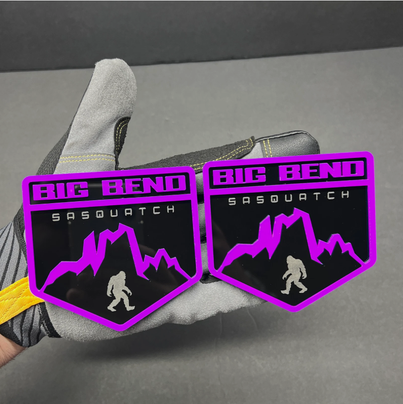 Close-up of Big Bend Sasquatch off-road badge featuring mountain silhouette and aggressive design