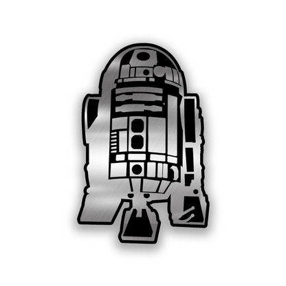 Engraved R2D2 car badge in brushed silver with detailed black engraving