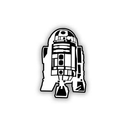 Brushed silver R2-D2 exterior car emblem with black engraved design