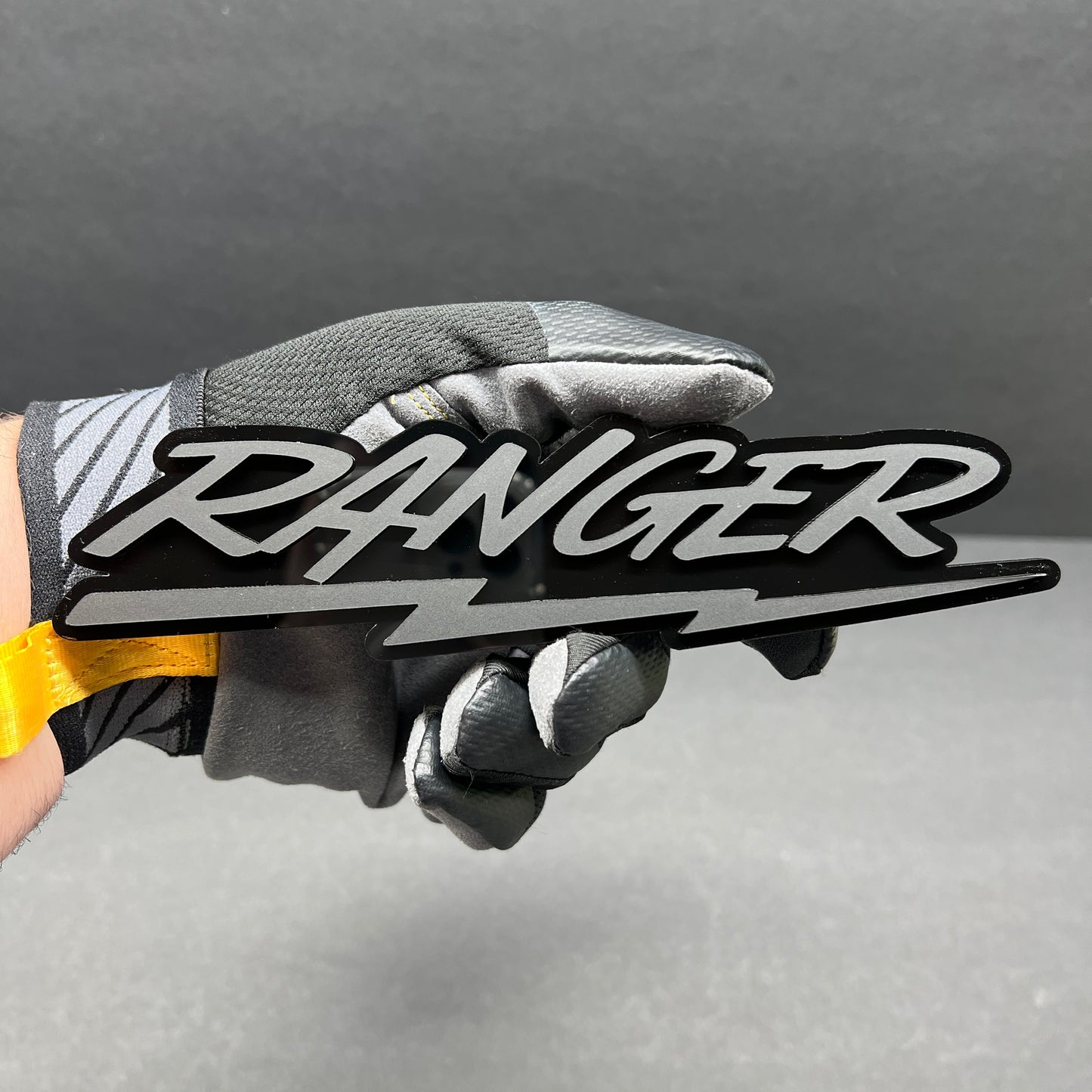 Custom Ranger style lightning font acrylic car badge fender emblem in black and silver finish for truck customization
