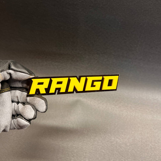 Rango custom 3D car badge in yellow with black backing for vehicle exterior