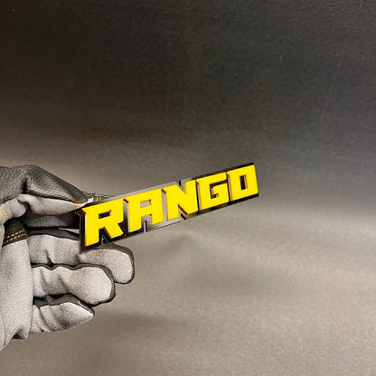 Yellow Rango custom text badge for truck fender or tailgate.