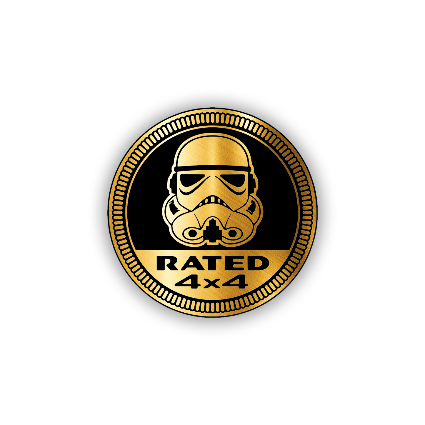 Silver engraved Rated 4x4 badge for vehicle exterior customization