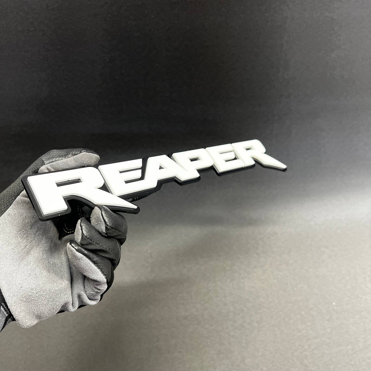Reaper custom name badge with layered acrylic design for exterior vehicle decor