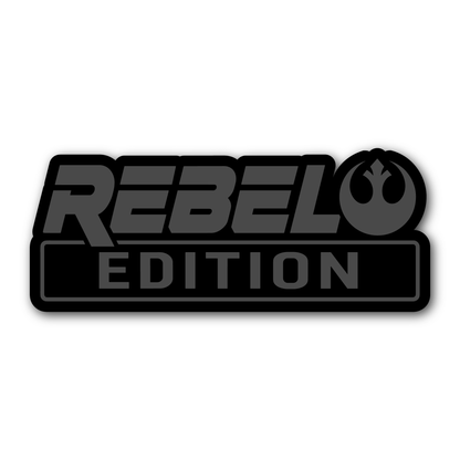 Rebel Edition custom fender badge featuring silver background and bold black lettering