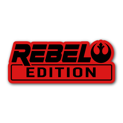 Rebel Edition brushed silver automotive badge with black engraved design