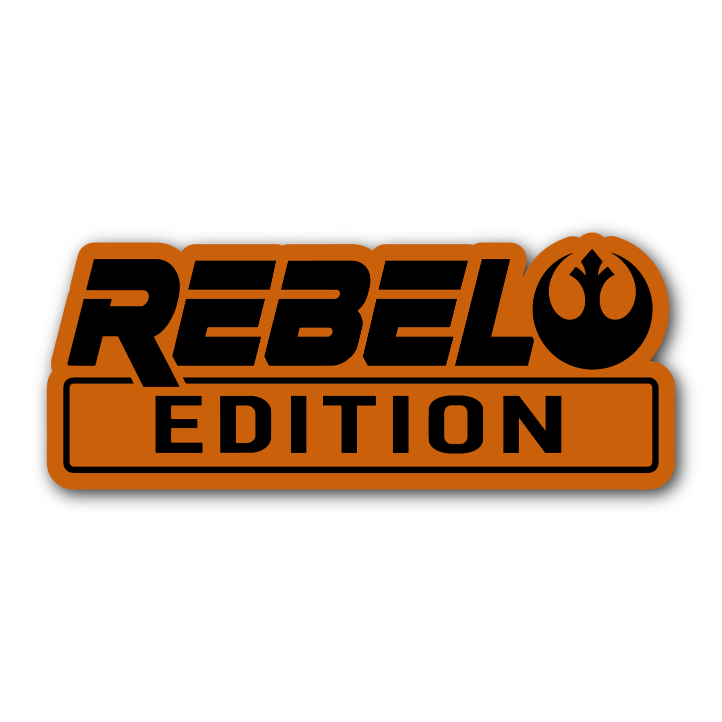 Rebel Edition metal look car emblem with engraved black Rebel symbol and Edition text