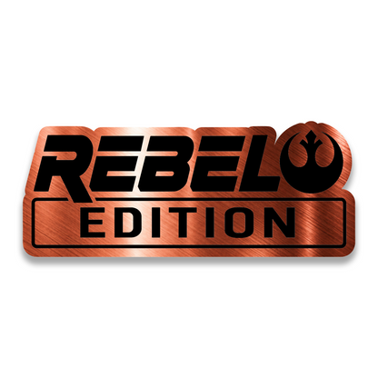 Rebel Edition brushed metal style automotive emblem with engraved lettering