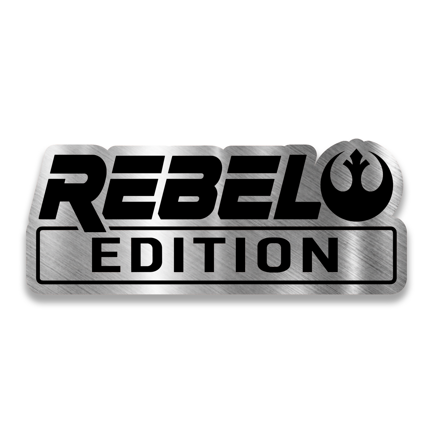 Rebel Edition engraved car badge emblem with brushed silver finish and black lettering