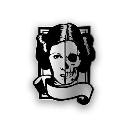 Star Wars inspired engraved car badge with rebel princess and half skull split face design