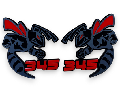 Red and black 345 HEMI Bee badge emblem for Dodge Charger and Challenger custom car builds