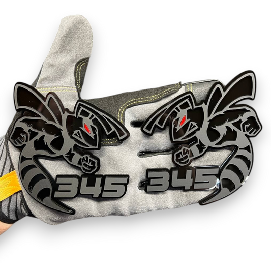 Red black 345 Bee badge emblem for RAM truck, Dodge vehicle, and custom automotive builds