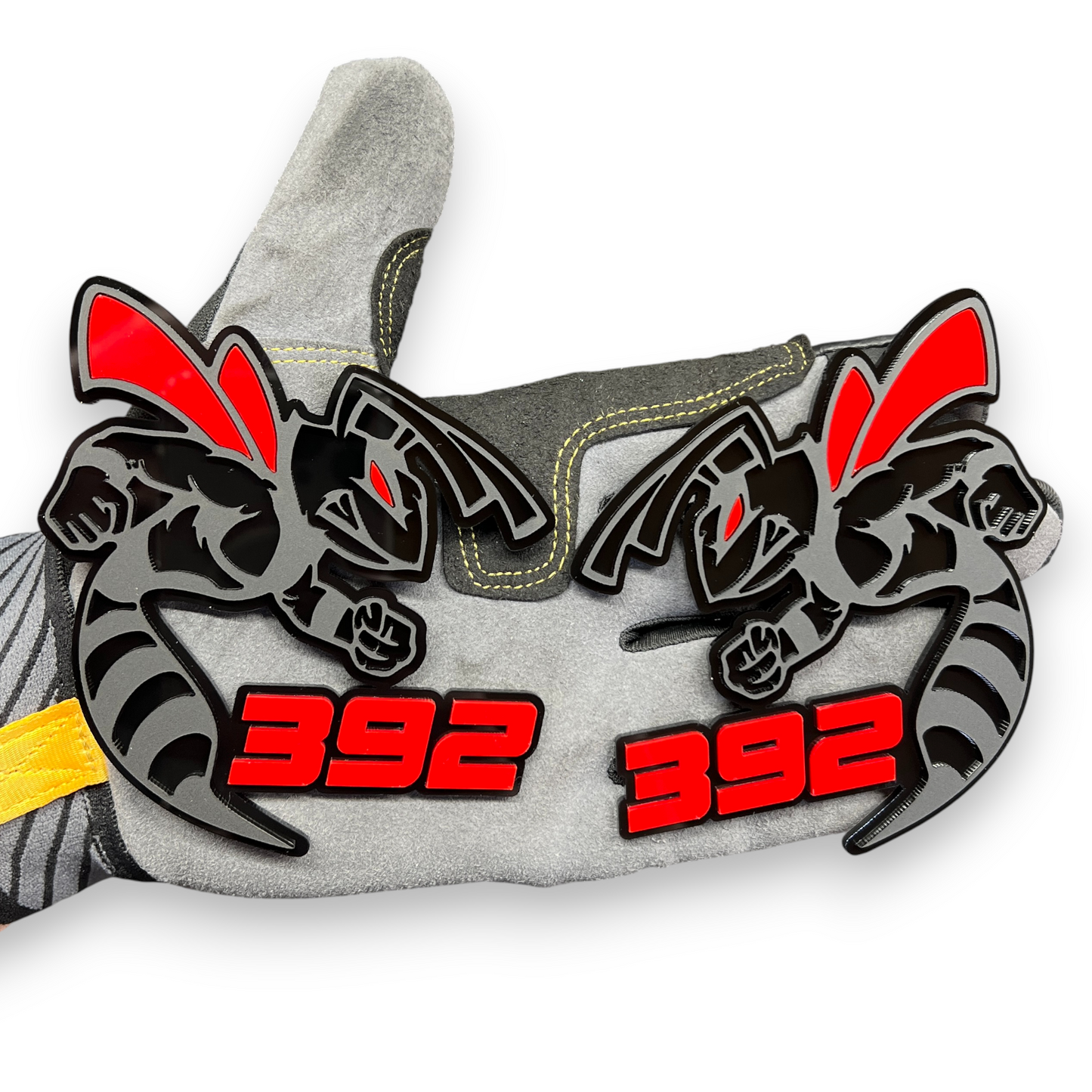 Red and black 392 HEMI Bee badge emblem for Dodge Charger and Challenger custom car builds