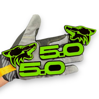 Close-up of wolf head Coyote emblem design for mustang