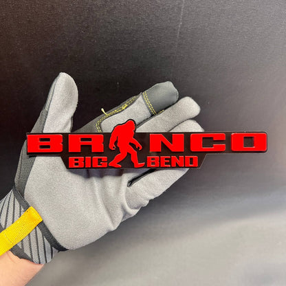 Red Bronco Big Bend exterior emblem featuring a Sasquatch silhouette
