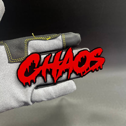 Red CHAOS custom text car badge fender emblem with black backing for Dodge Charger muscle styling.
