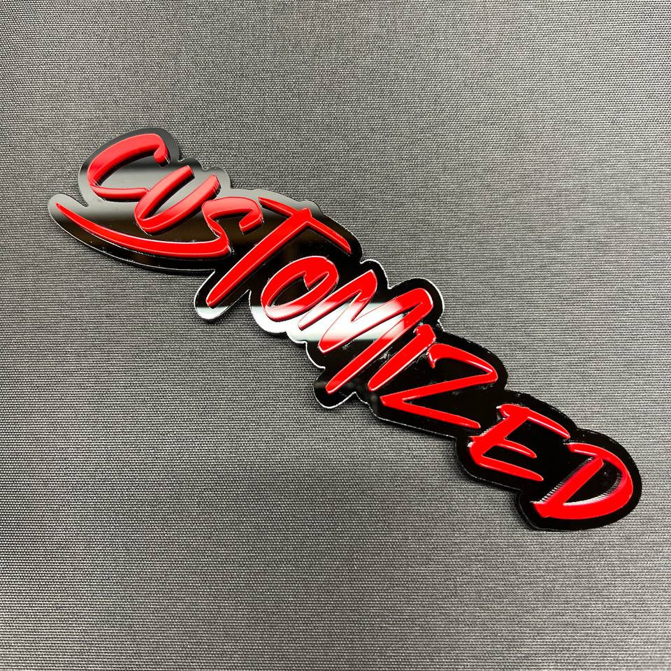 Red and black custom name badge for car exterior