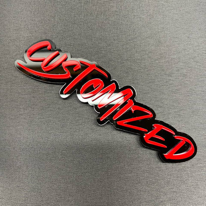 Red and black custom name badge for car exterior