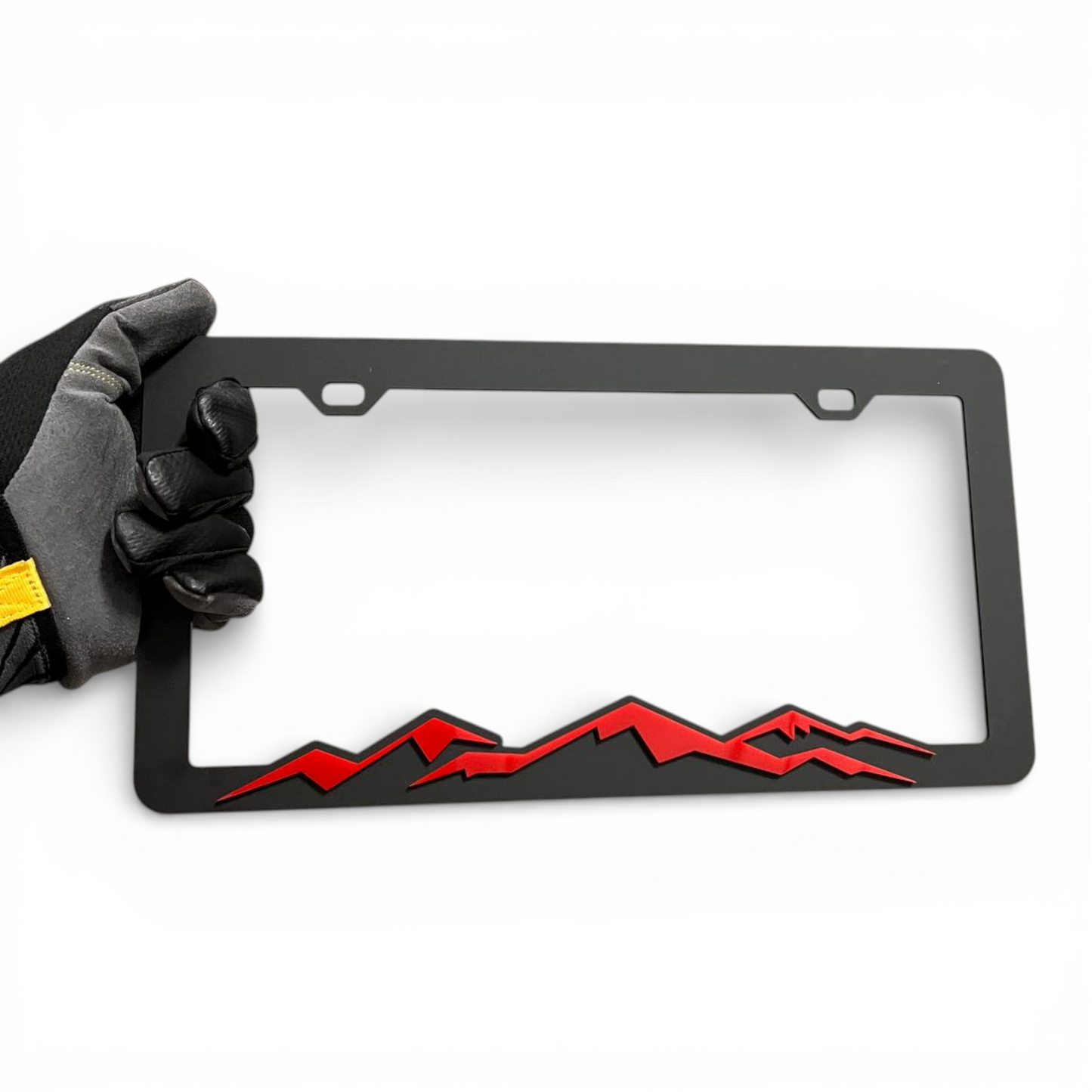 Offroad style mountain license plate frame for truck tailgate and SUV builds