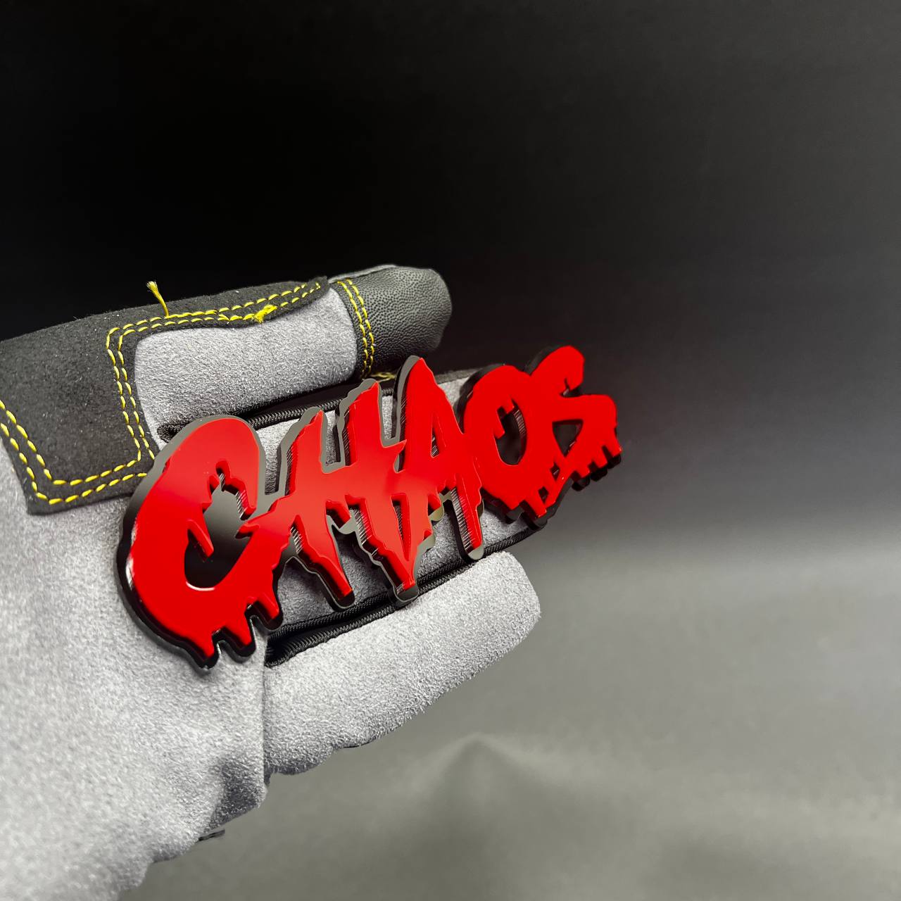 CHAOS acrylic car emblem with layered red lettering for Chevy Camaro muscle car accessory.