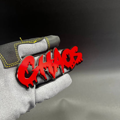 CHAOS acrylic car emblem with layered red lettering for Chevy Camaro muscle car accessory.