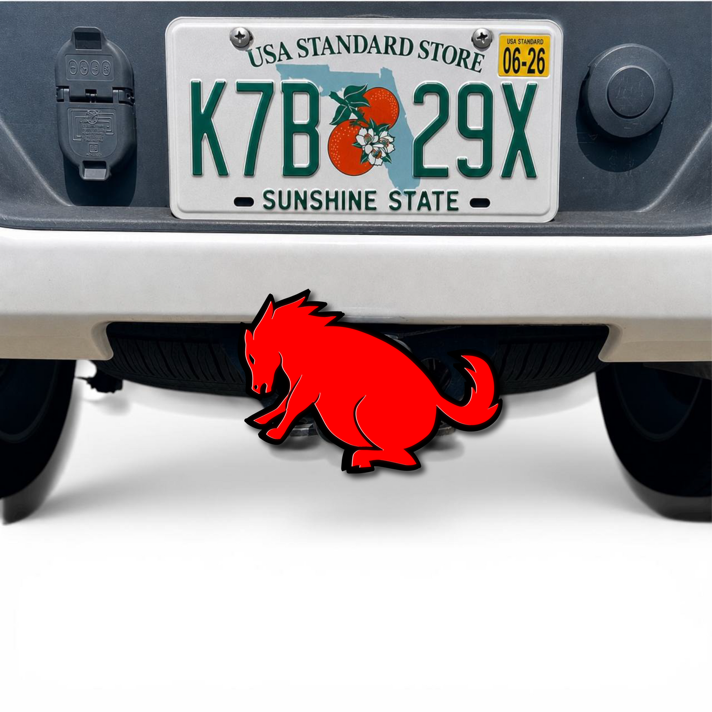 Custom Fat Sitting Horse 3D hitch cover in red with black outline for car, SUV, and truck trailer receiver