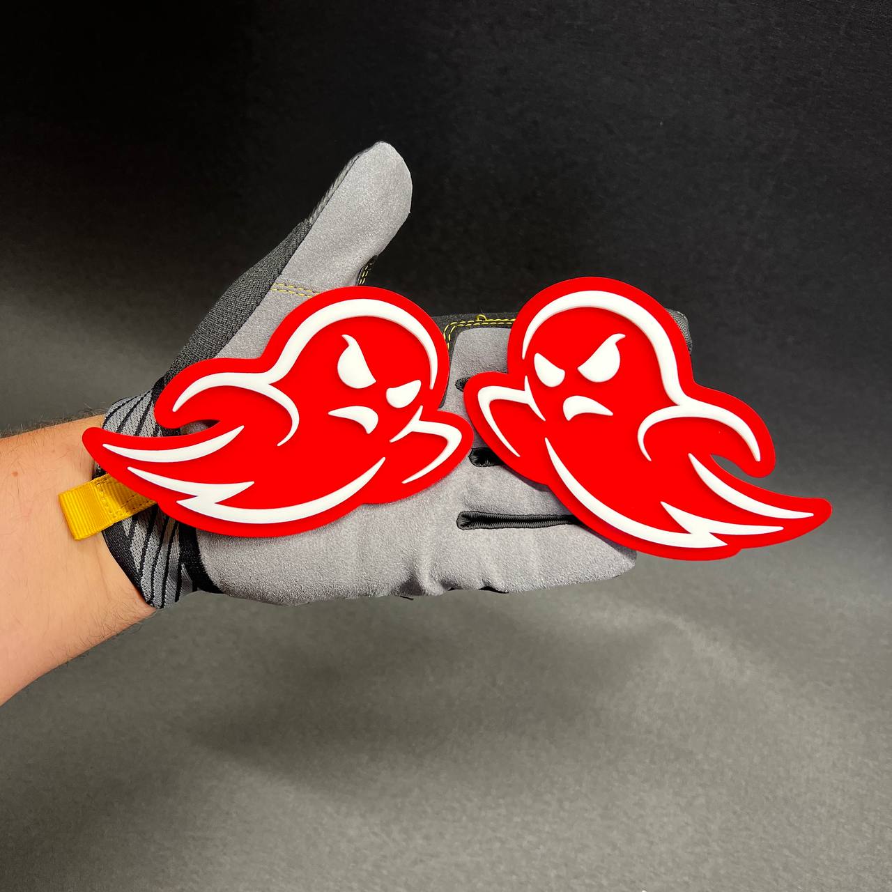 Red and white ghost Car Badge Fender Emblem for Ford Mustang Halloween custom decal style.