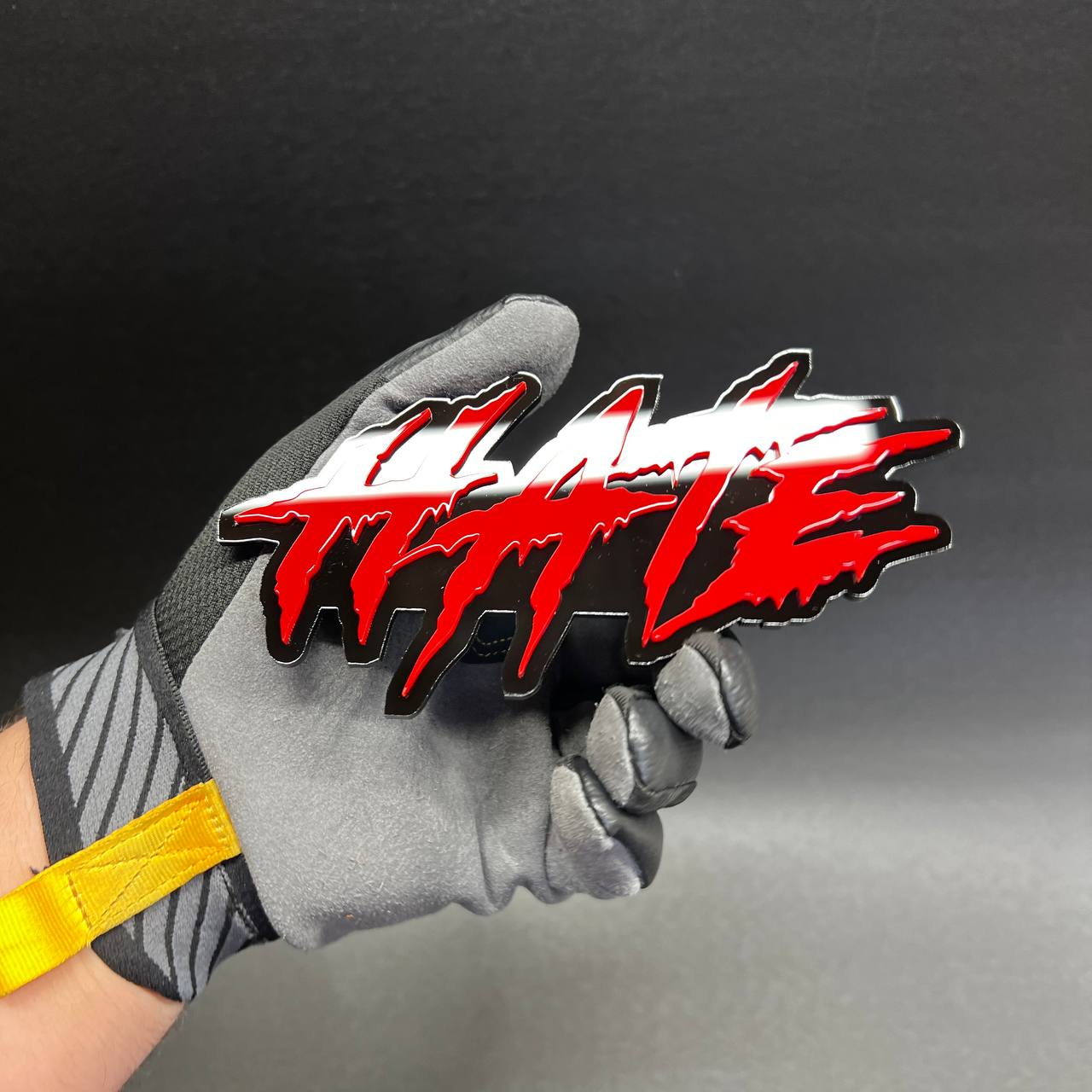 Aggressive HATE script badge with sharp lettering for fender, hood, or tailgate use.