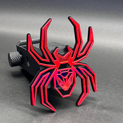 Automotive Black Widow mirror hitch cover decal style emblem with premium layered finish.