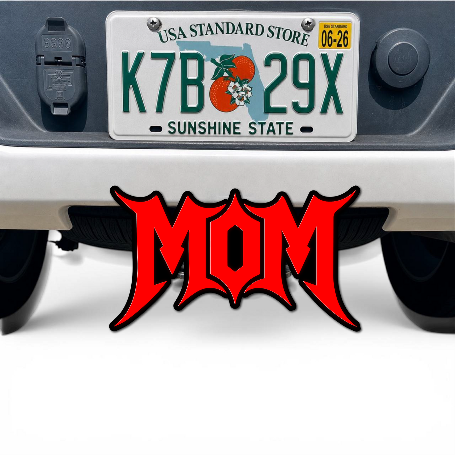 3D MOM hitch receiver cover badge in red with black outline for car or truck rear exterior