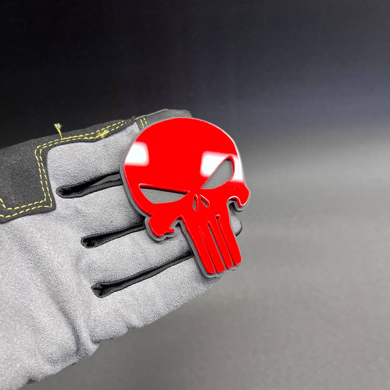 Custom Punisher skull fender badge in red and black acrylic style