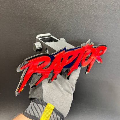 Personalized RAPTOR car hitch receiver cover with automotive-style emblem