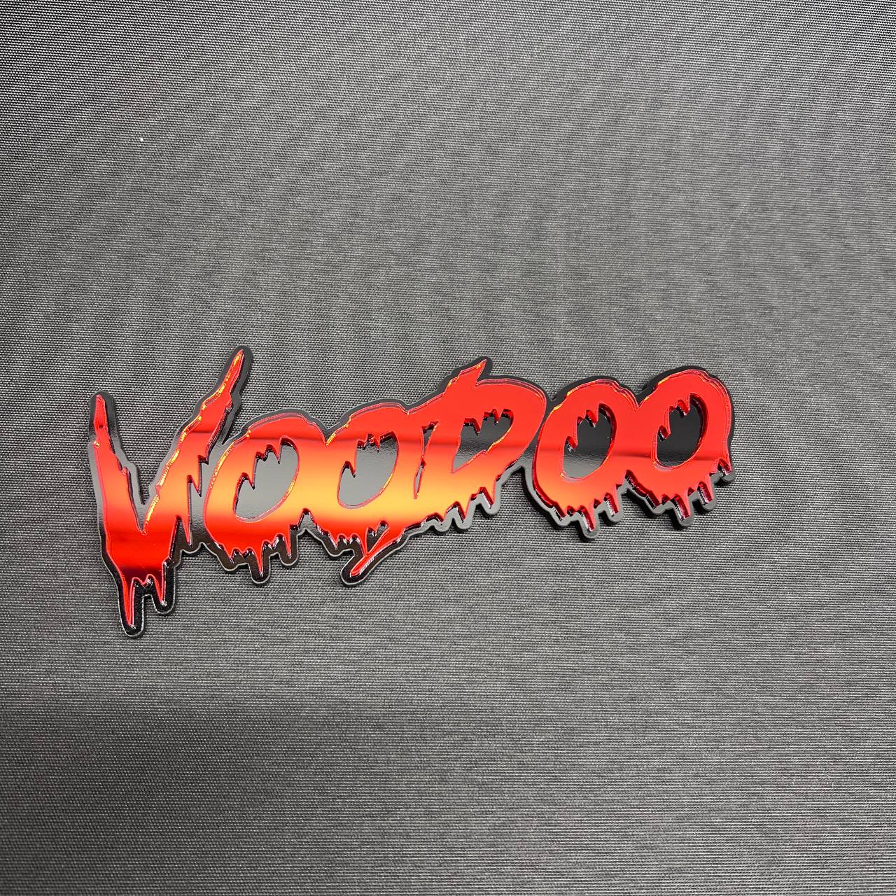 Glossy red and black VOODOO car lettering badge with strong adhesive backing
