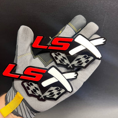 Custom LSX motorsport badge featuring layered red letters and racing flags