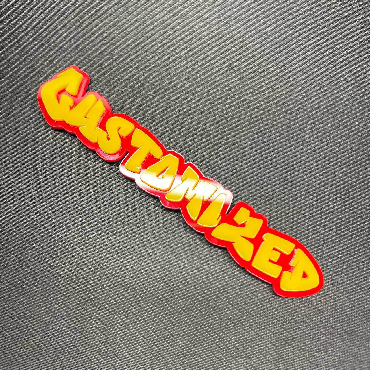 Custom made graffiti text car badge with bold street art lettering.