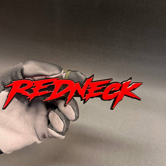 Redneck custom text car badge in glossy red with black outline for vehicle exterior.