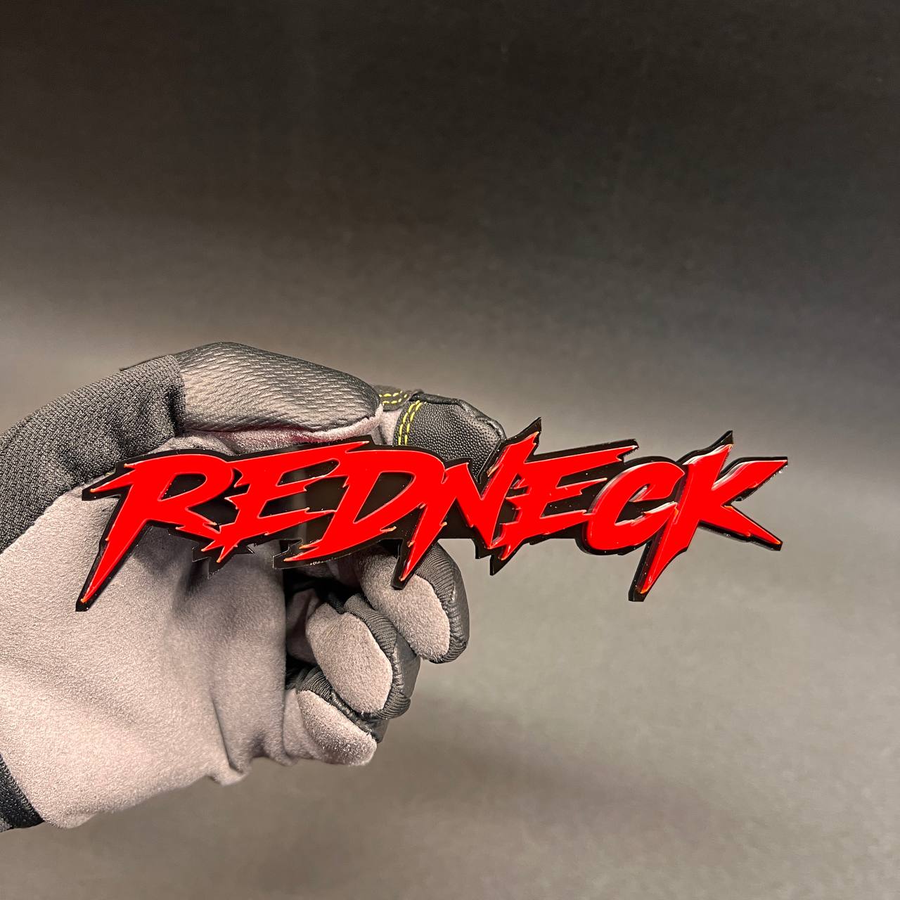 Custom Redneck text badge for truck grille, tailgate, or fender installation.
