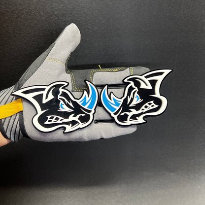 Black white and pink rhino car badge with bold performance look for Bronco, Raptor, Jeep, and truck builds.