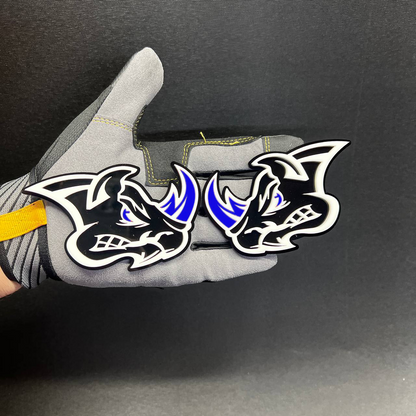 Aggressive rhino head car badge fender decal for Jeep Gladiator, Ford Bronco, Raptor, and 4x4 vehicles.