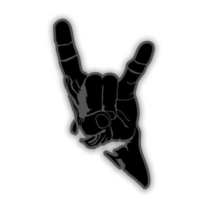 Engraved rock music hand sign car emblem with silver finish and black outline