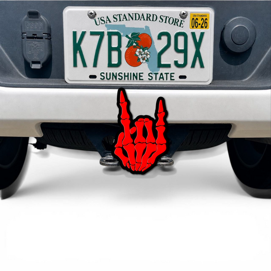 Rock N Roll 3D hitch cover car badge with red skeleton hand design for truck and SUV exterior accessory
