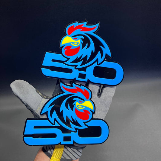Custom Rooster 5.0 car badge fender emblem in blue, red, yellow and black with 3M adhesive.