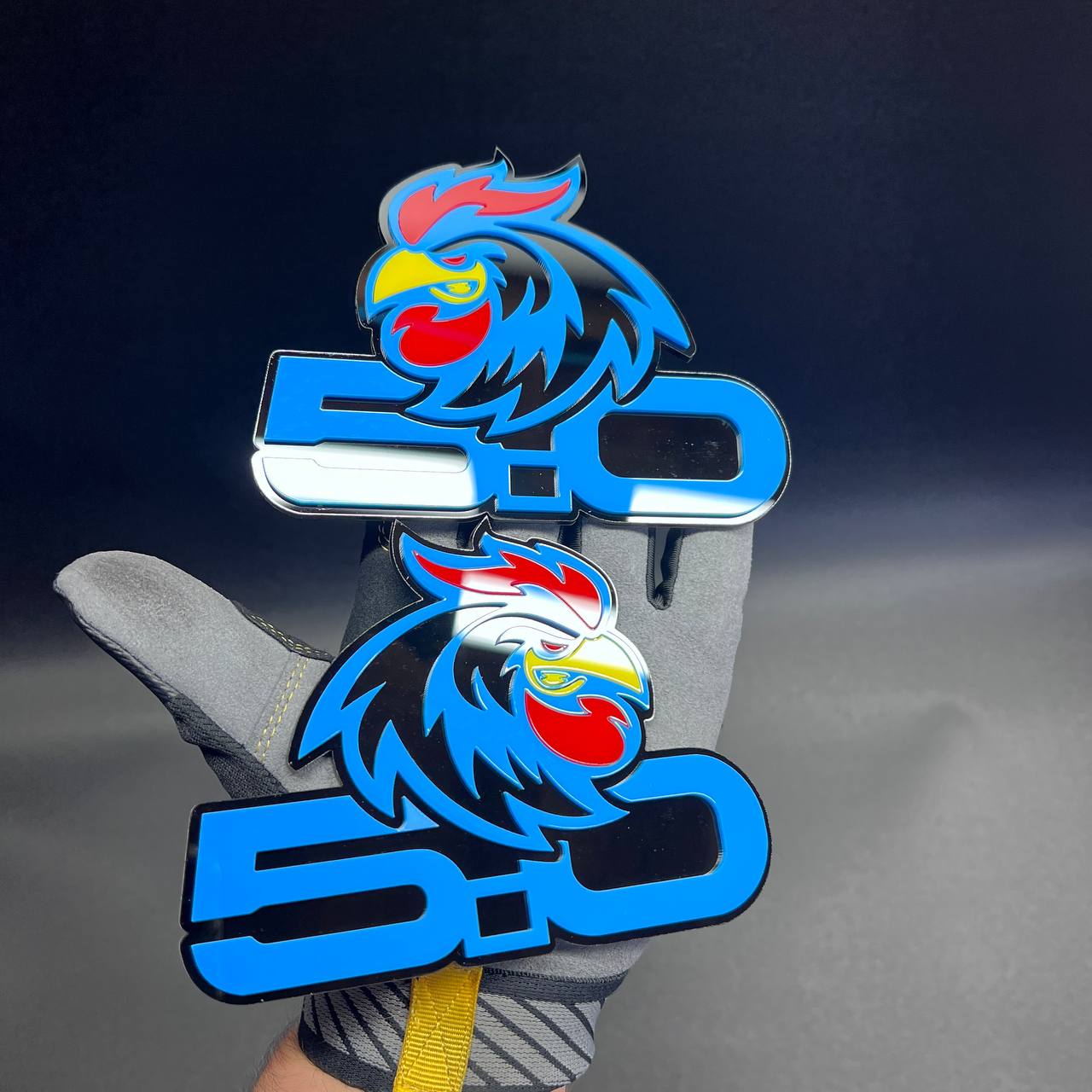 Rooster Five Point Zero custom car emblem for V8 performance vehicles.