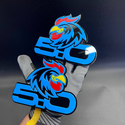 Double-layer Rooster 5.0 custom exterior badge with durable weather-resistant finish.