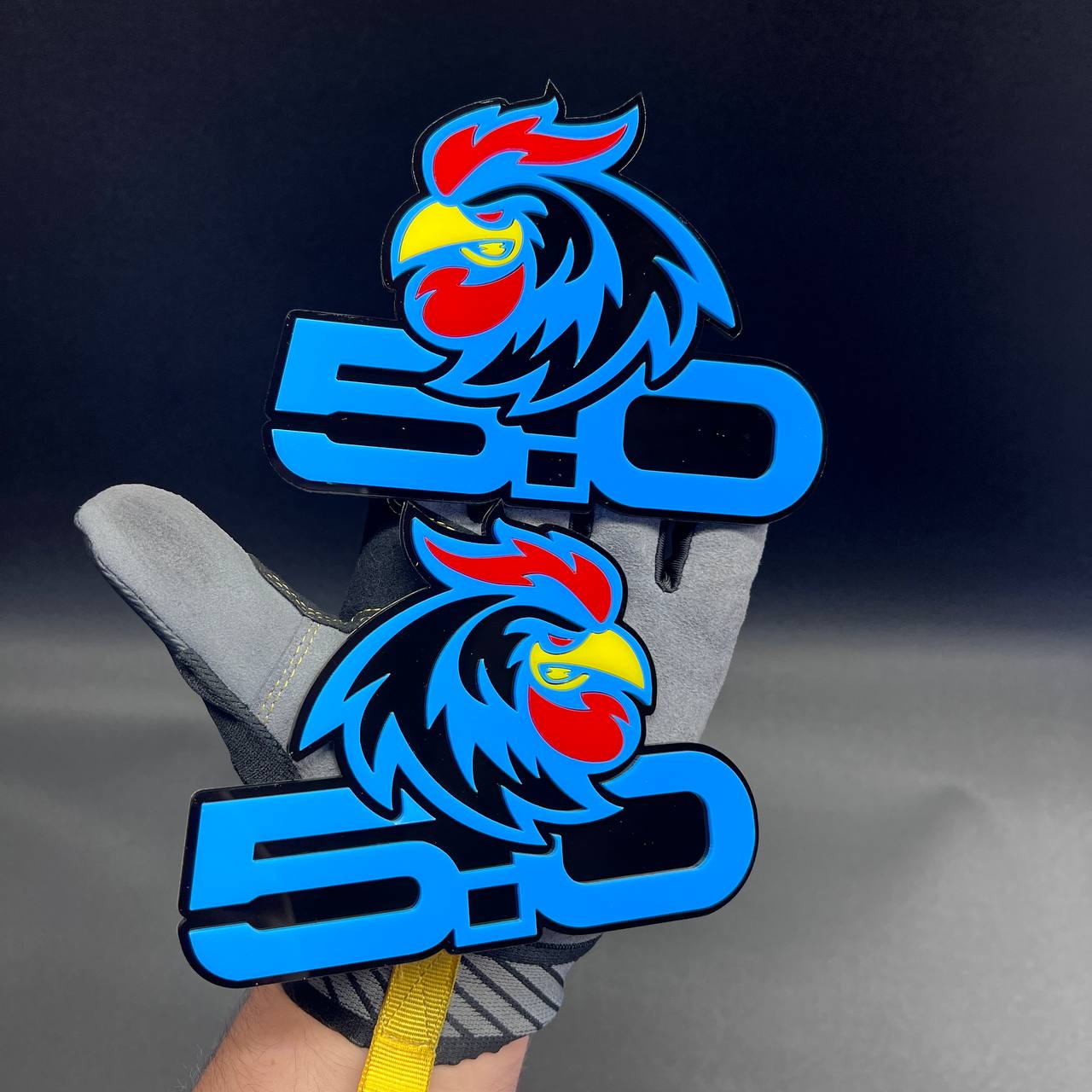 Premium Rooster 5.0 custom automotive badge for performance enthusiasts.