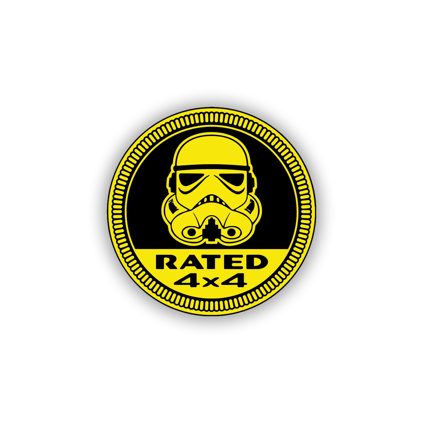 Rated 4x4 round automotive badge featuring a helmet design