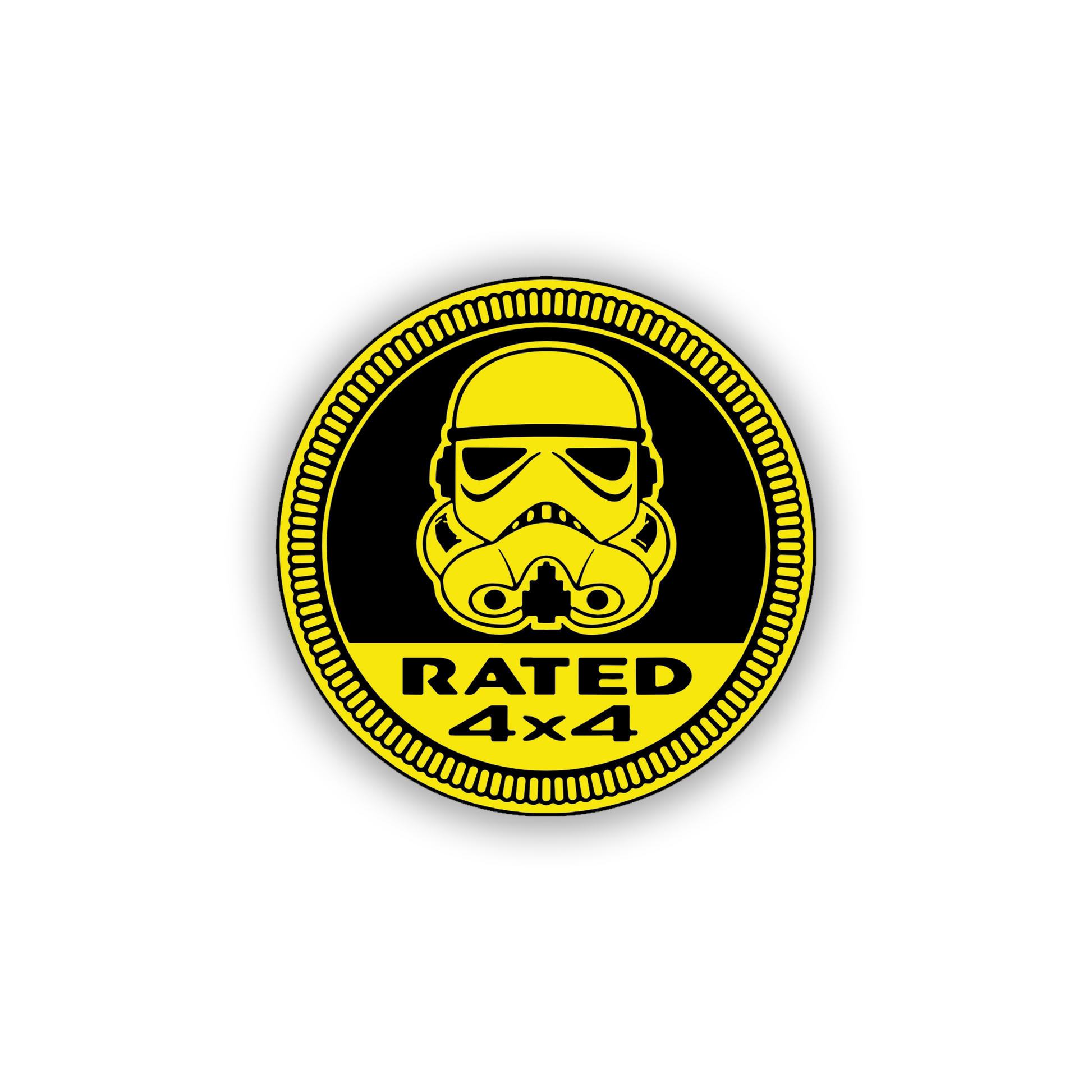 Rated 4x4 round automotive badge featuring a helmet design
